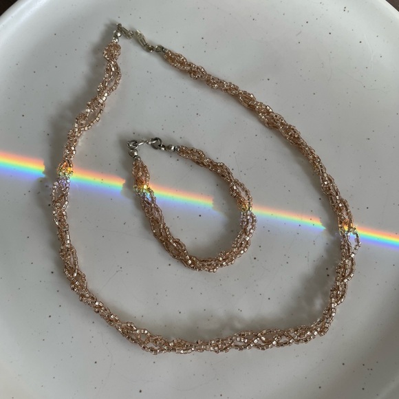 Vintage Braided Seedbead Peach Coral Amethyst Blue Necklace Bracelet Set XS - Picture 9 of 9